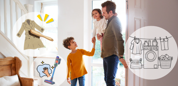 帰宅した家族と、掃除や洗濯のアイコンが重ねられた画像