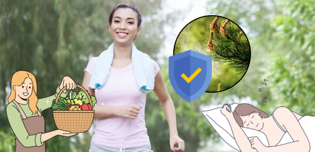 ランニングする女性と、睡眠・食事・花粉対策を示すイラストを組み合わせた画像