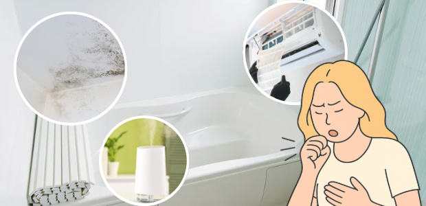 室内のカビや空調環境と、咳の症状を示すイラストを組み合わせた画像