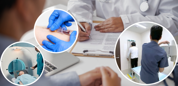 医師の診察風景と、採血や検査、画像検査を示すイメージ画像