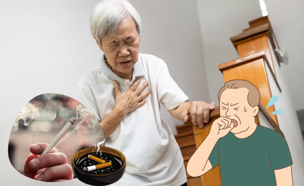 胸の痛みを感じる高齢者と、喫煙や咳を示すイラストを組み合わせた画像