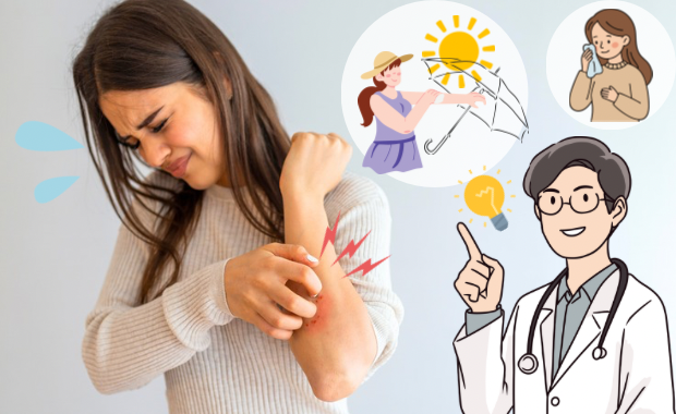 腕のかゆみを訴える女性と、紫外線対策や相談、医師のアドバイスを示すイラストを組み合わせた画像