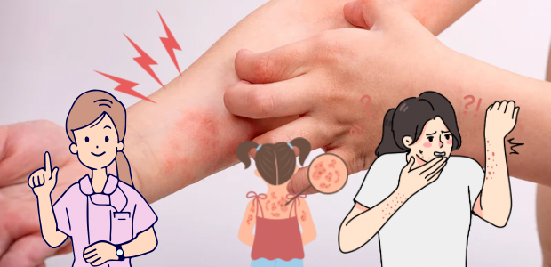 腕の肌トラブルを示す写真と、かゆみや湿疹のイラスト、医療スタッフのイラストを組み合わせた画像