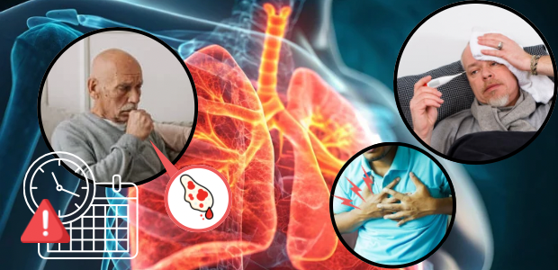 肺の炎症イメージと、咳や発熱、胸の痛みを示すイラストを組み合わせた画像