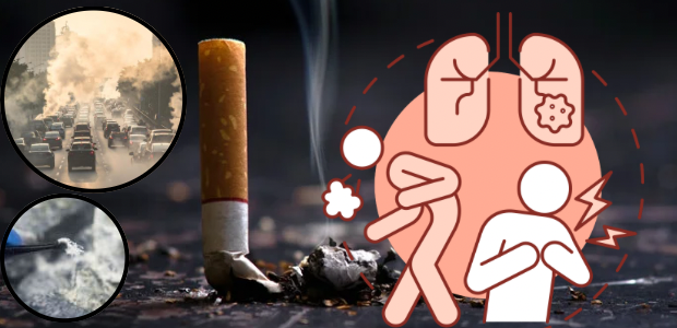 喫煙や大気汚染と、肺の不調を示すイラストを組み合わせた画像