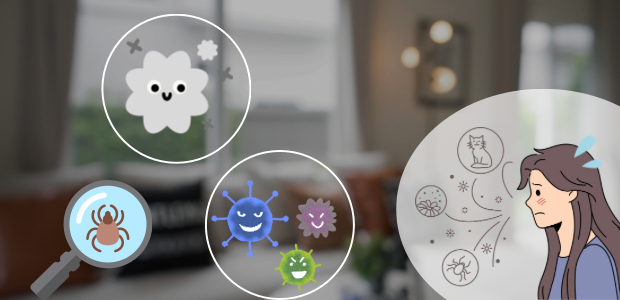 室内のアレルゲンとして、ダニやほこり、カビ、動物のイラストを示した画像