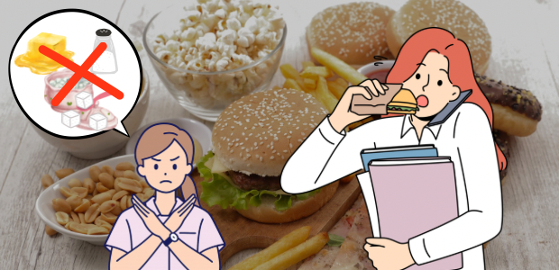 ファストフードと砂糖制限の注意イラスト、食事をする女性のイラストを重ねた画像