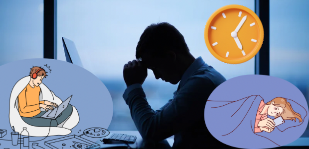 落ち込む男性の背景に、睡眠不足や夜更かしなど生活リズムを示すイラストを組み合わせた画像