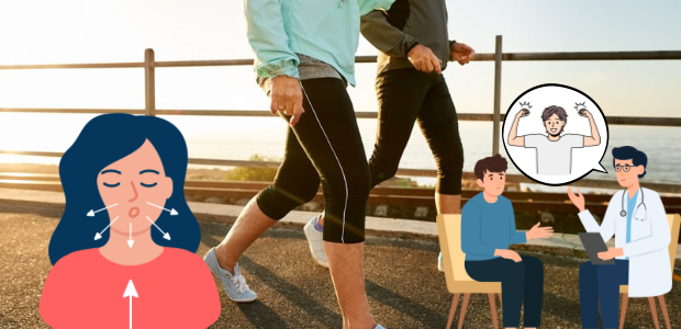 ウォーキングする人と、呼吸法や医師との相談を示すイラストを組み合わせた画像