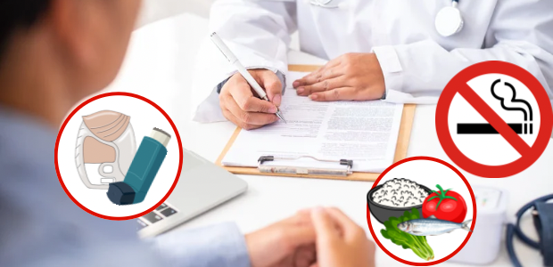 医師の問診シーンと、禁煙・薬の使用・食事管理を示すイラストを組み合わせた画像
