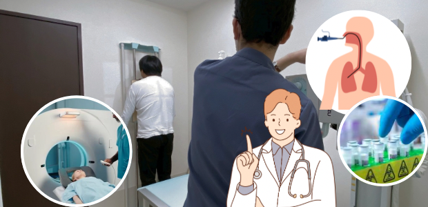 画像検査や検体検査を示すイメージと医師のイラスト