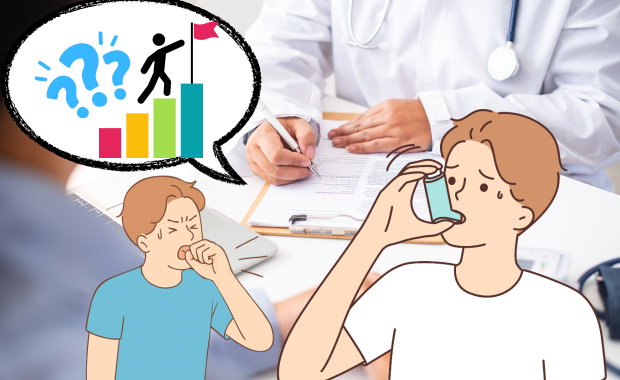 医師の問診と、咳の症状や吸入薬の使用、状態評価を示すイラストを組み合わせた画像