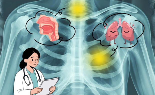 胸部レントゲン画像を確認し、肺や気管支の異常を診断する医師