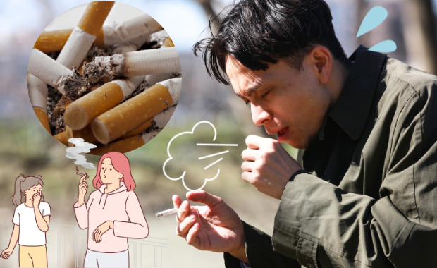 たばこの煙によって咳き込む様子と、その影響を示す一例