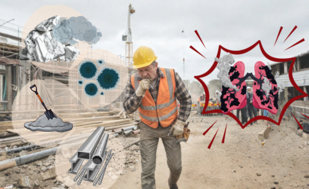 工事現場で働く男性が粉じんやカビ、セメントなどの影響で息苦しそうにしている様子