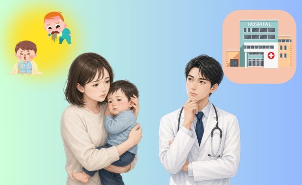 1歳児の咳の受診について考えている様子