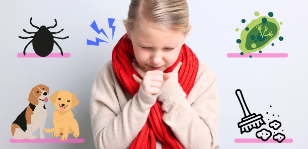 家の中の様々なアレルゲンに反応し、アレルギーのよる咳が出てしまう様子