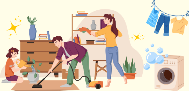 こまめな掃除や洗濯で室内のアレルゲンを取り除く様子