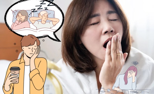 昼間に強い眠気があり、あくびをしてだるそうにしている女性の様子