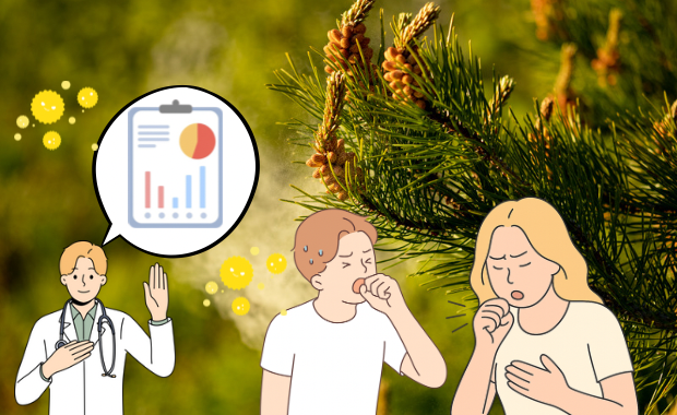 花粉が飛ぶ中で咳をする人物を示し、花粉症によって喘息症状が悪化する様子を表している