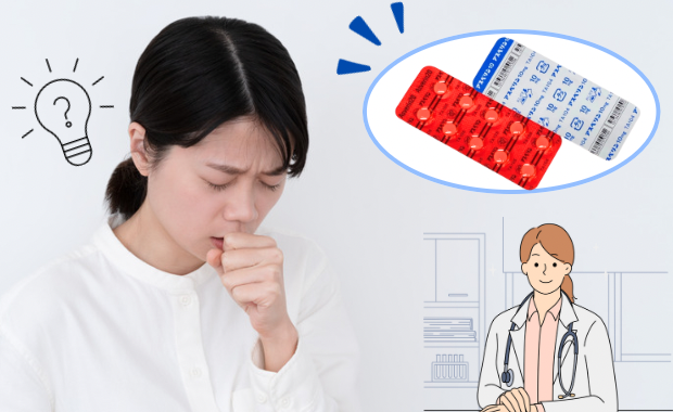 咳をする女性とアスベリン錠の表示から、咳症状に対する治療や服薬への疑問を示す