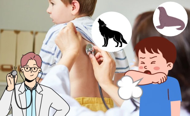 咳をする子どもと診察の場面を組み合わせたイメージ