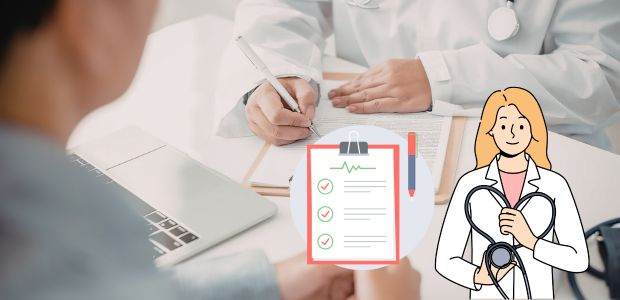 医療機関で問診を受け、検査の説明を受けている様子