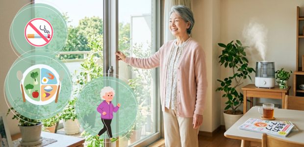 栄養バランスや加湿をしながら体力維持をして体調管理する高齢者