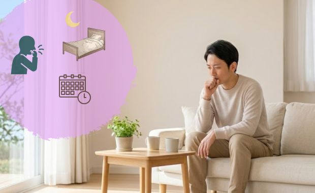 咳が続く原因について、期間やきっかけを整理している男性
