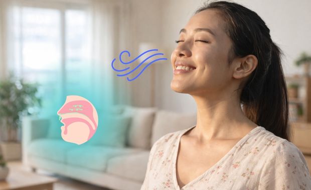 緑色の鼻水が出て副鼻腔炎に罹った患者が完治し、深呼吸する様子