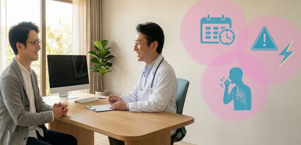 自身の咳について、期間や痰の有無などを医師に相談している様子