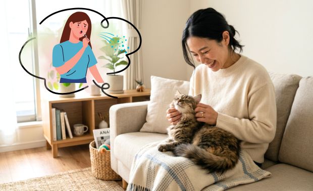 猫と触れ合う中でアレルギー症状が出ている様子