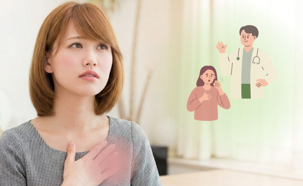 咳による胸の痛みを感じ、病院を受診すべきか考えている女性