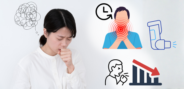 咳が止まらない女性と治療期間を表すイメージ
