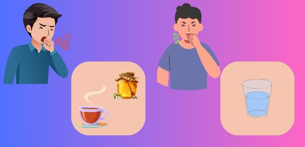 乾いた咳と痰が絡む咳で食べ物や水分の役割が異なることを示す図