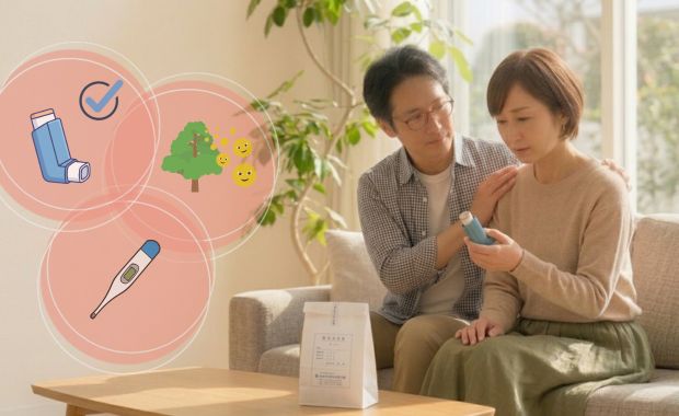 喘息の薬による効果をあまり感じられず、原因を考えている様子