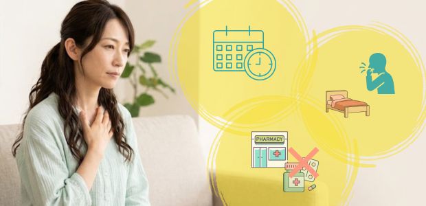 市販薬が効いていないと感じ、咳の出ている期間やタイミングについて思い返す女性
