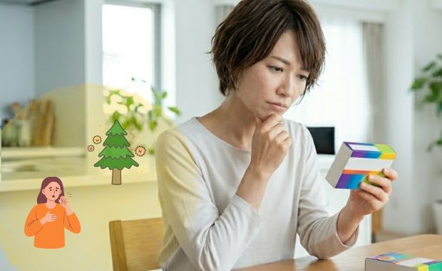 市販薬でアレルギーによる咳が止まるか確認している様子