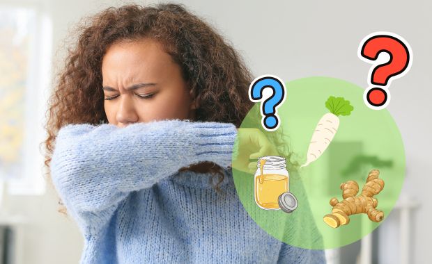咳が止まらない女性と症状を和らげる食べ物のイメージ画像