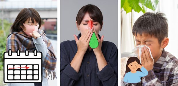 咳をする女性や鼻を押さえる女性、ティッシュで鼻をかむ子どもを並べた風邪症状の比較構成