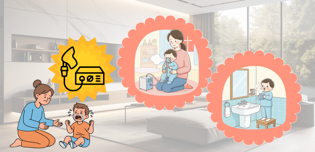 子どもの吸入をサポートする保護者の様子や、自宅での吸入を嫌がる子どものイラスト