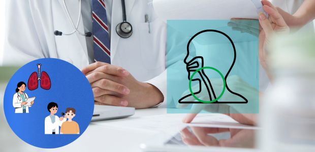 医師と患者が向かい合って座り、喉や気道の図と肺のイラストが添えられている画像