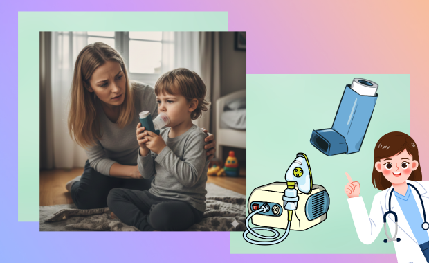 吸入器を使用する子どもを見守る保護者と、吸入器やネブライザーを指さす医療者のイメージ