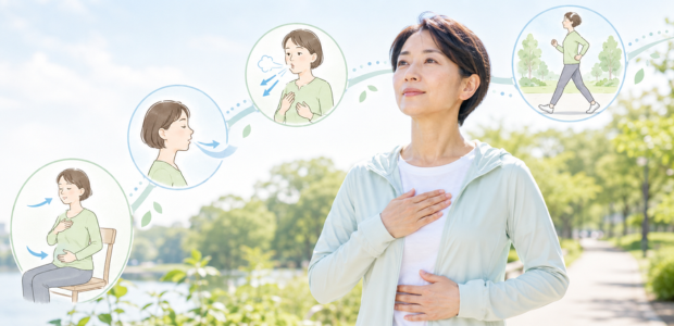胸とお腹に手を当てている女性と、コロナ後遺症で咳が止まらない時の呼吸法