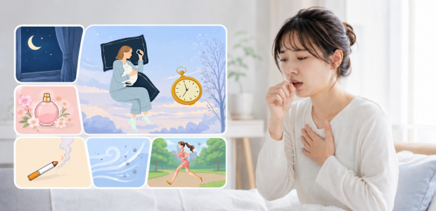 夜間や天候、香り、喫煙、運動などで咳が出やすい場面をまとめた咳喘息の解説図