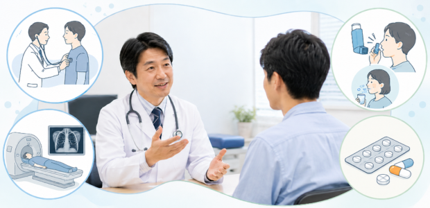 コロナ後遺症で医師に相談する男性と、検査や吸入薬のイメージ