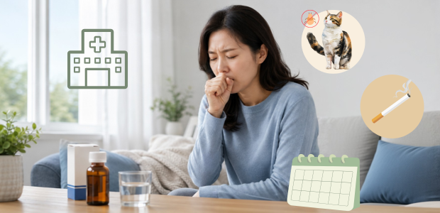 咳に悩む女性のそばに、通院やペット、喫煙、記録管理の要素を添えた医療イラスト
