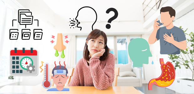 咳が止まらない原因を考える女性と、花粉・胃の不調・呼吸のつらさのイメージ