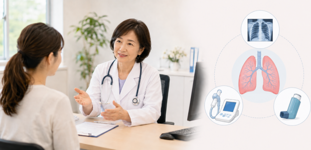医師が咳喘息と喘息の違いを相談者に説明し、肺や検査機器を配置した診察シーン