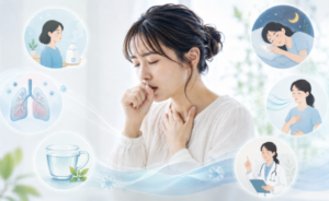 咳が止まらない女性が喉に手を当て、加湿や休息、医師相談などのイメージを添えたコロナ後遺症関連の医療画像